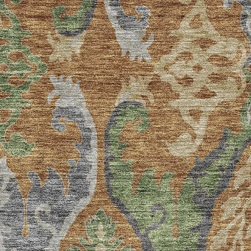 Copper Gray And Olive Green Floral Washable Area Rug With UV Protection Photo 2