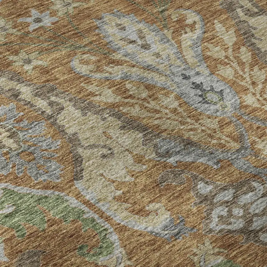 Copper Gray And Olive Green Floral Washable Area Rug With UV Protection Photo 9