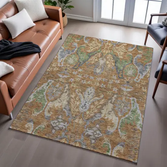 Copper Gray And Olive Green Floral Washable Area Rug With UV Protection Photo 5