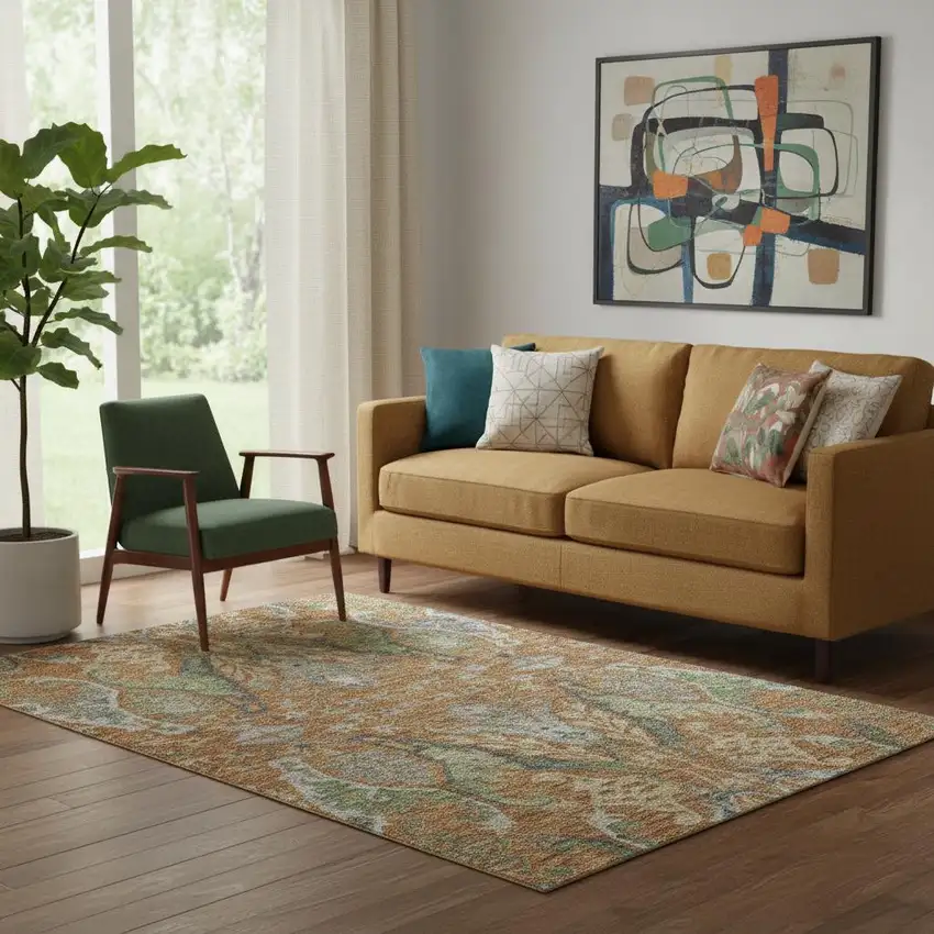 Copper Gray And Olive Green Floral Washable Area Rug With UV Protection Photo 2