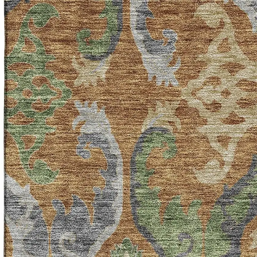 Copper Gray And Olive Green Floral Washable Area Rug With UV Protection Photo 2