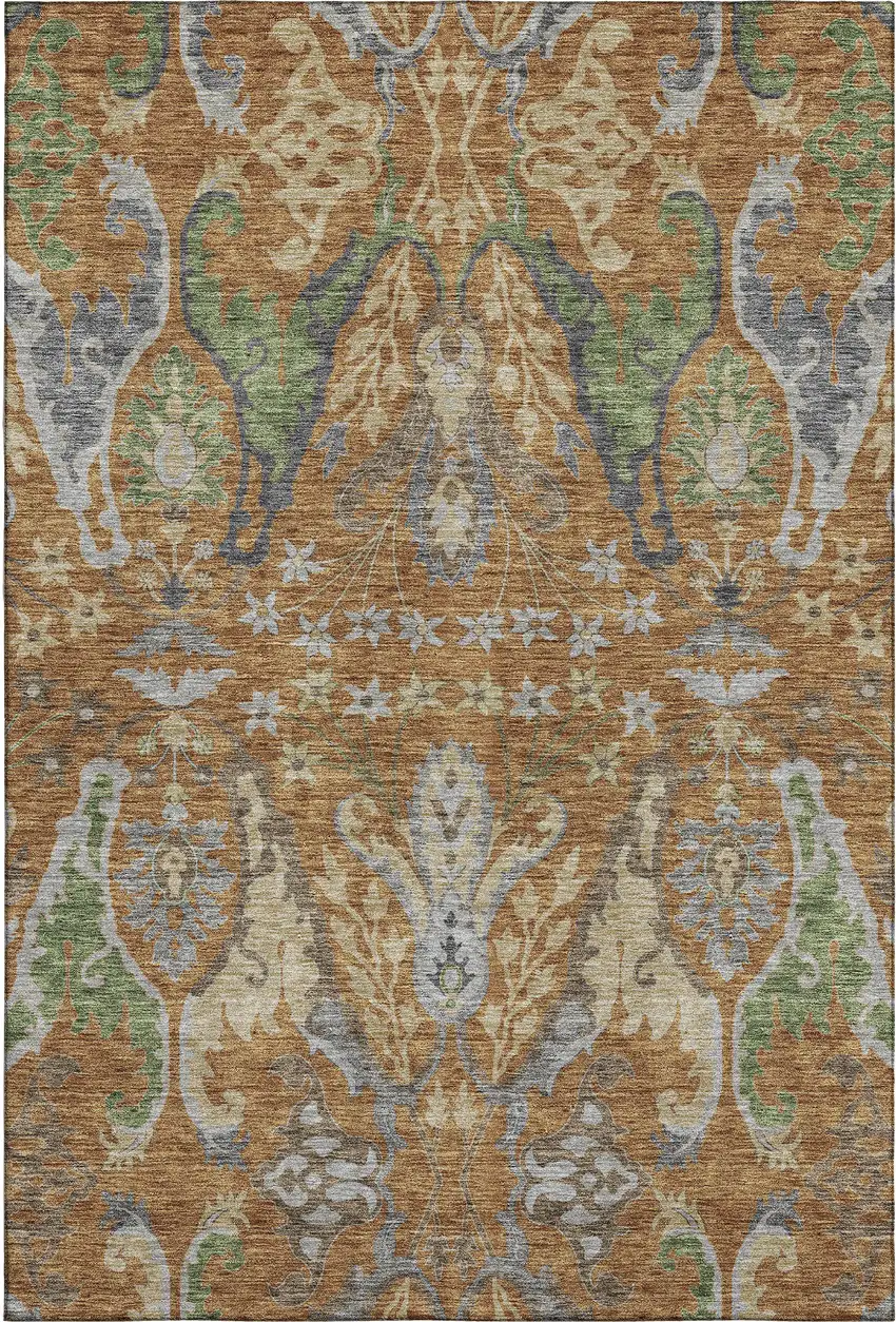Copper Gray And Olive Green Floral Washable Area Rug With UV Protection Photo 1