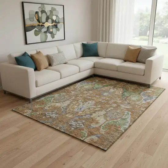 Copper Gray And Olive Green Floral Washable Area Rug With UV Protection Photo 2