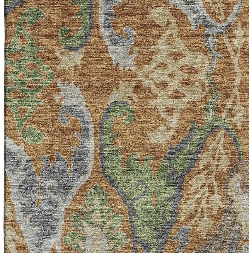 Copper Gray And Olive Green Floral Washable Area Rug With UV Protection Photo 3