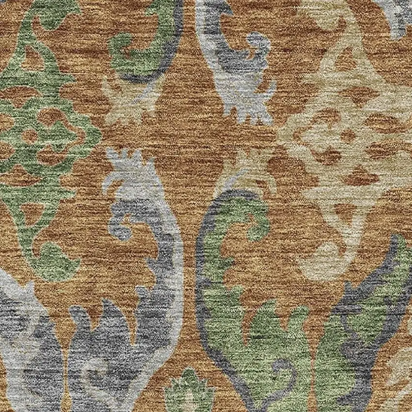 Copper Gray And Olive Green Floral Washable Area Rug With UV Protection Photo 2