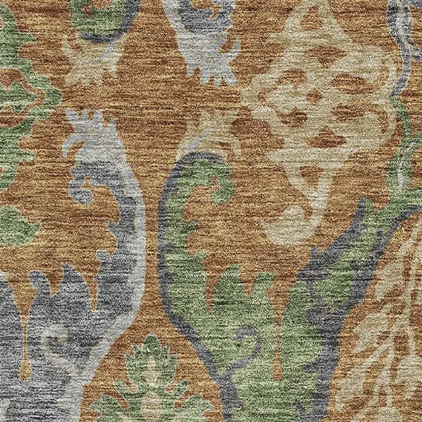 Copper Gray And Olive Green Floral Washable Area Rug With UV Protection Photo 2