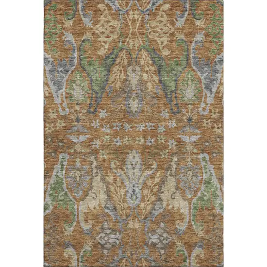 Copper Gray And Olive Green Floral Washable Area Rug With UV Protection Photo 1