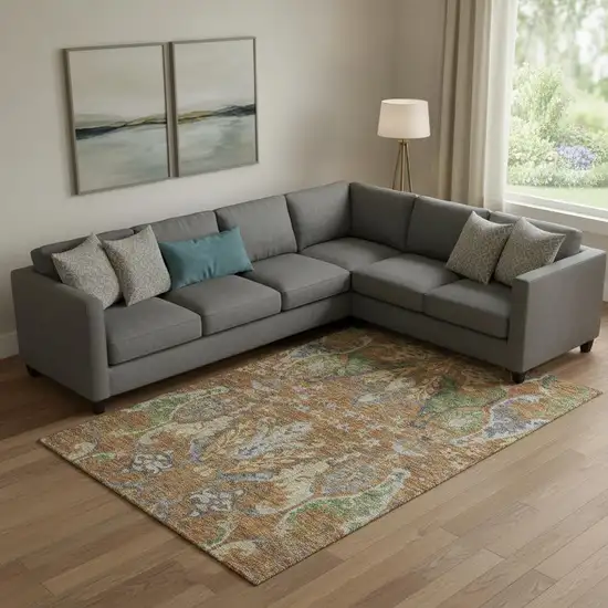 Copper Gray And Olive Green Floral Washable Area Rug With UV Protection Photo 2