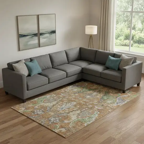 Copper Gray And Olive Green Floral Washable Area Rug With UV Protection Photo 2