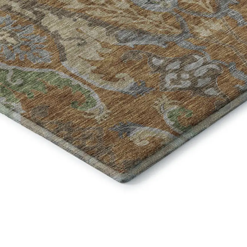 Copper Gray And Olive Green Floral Washable Area Rug With UV Protection Photo 7