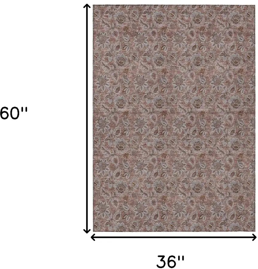 Copper Gray And Silver Floral Washable Indoor Outdoor Area Rug Photo 3