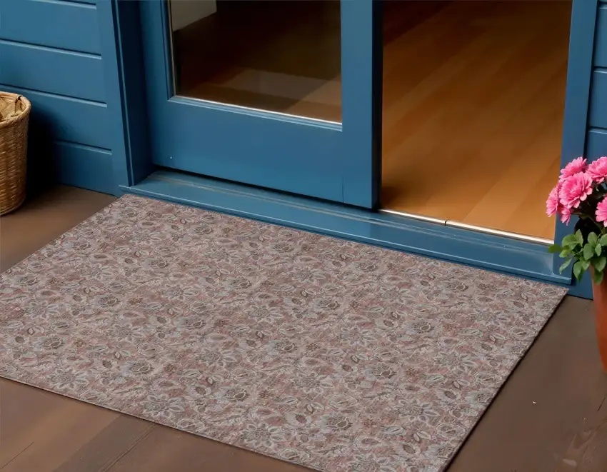 Copper Gray And Silver Floral Washable Indoor Outdoor Area Rug Photo 1