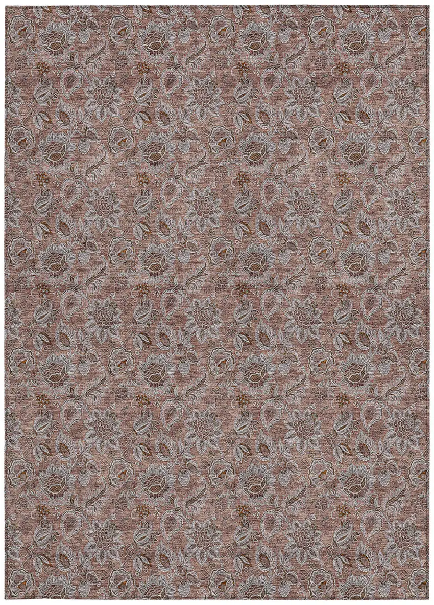 Copper Gray And Silver Floral Washable Indoor Outdoor Area Rug Photo 6