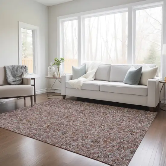 Copper Gray And Silver Floral Washable Indoor Outdoor Area Rug Photo 9