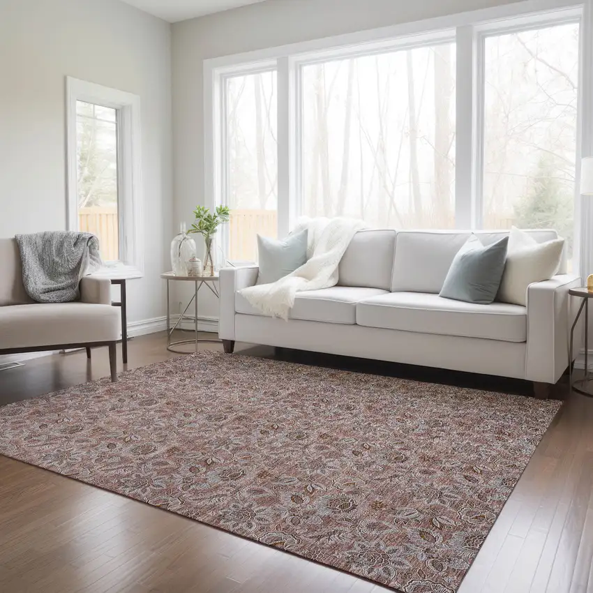 Copper Gray And Silver Floral Washable Indoor Outdoor Area Rug Photo 9