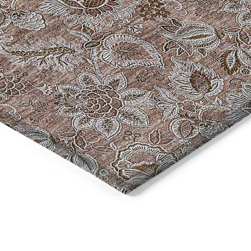 Copper Gray And Silver Floral Washable Indoor Outdoor Area Rug Photo 5