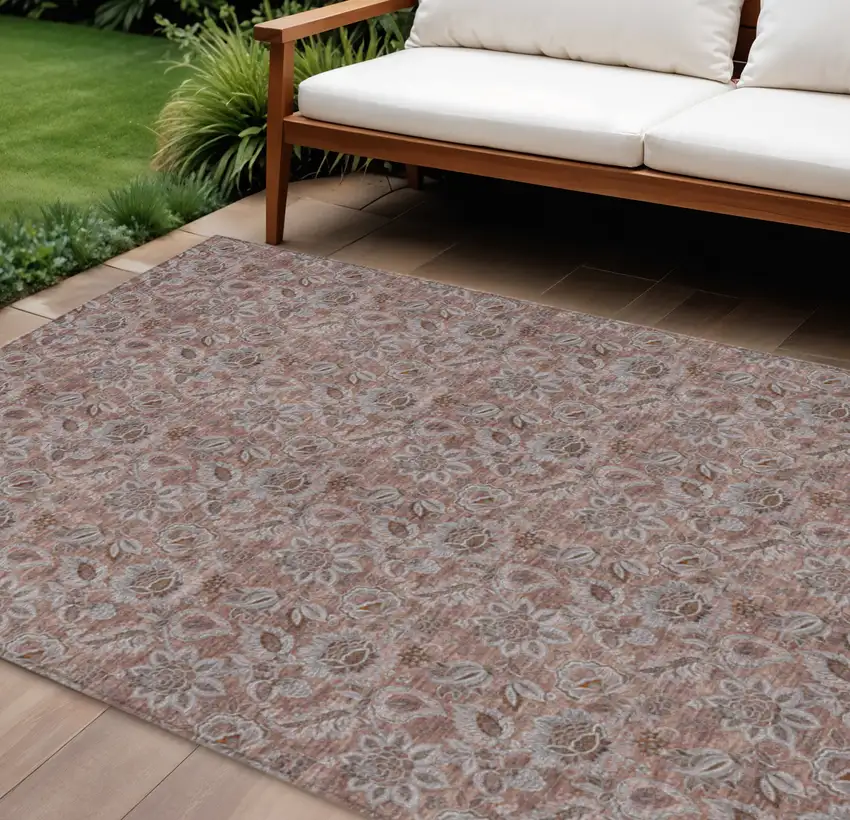 Copper Gray And Silver Floral Washable Indoor Outdoor Area Rug Photo 1
