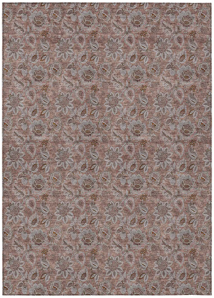 Copper Gray And Silver Floral Washable Indoor Outdoor Area Rug Photo 2