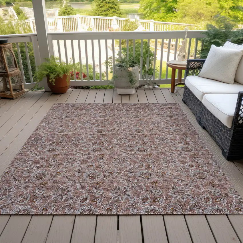 Copper Gray And Silver Floral Washable Indoor Outdoor Area Rug Photo 7
