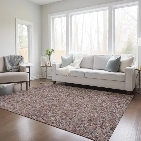 Copper Gray And Silver Floral Washable Indoor Outdoor Area Rug Photo 9