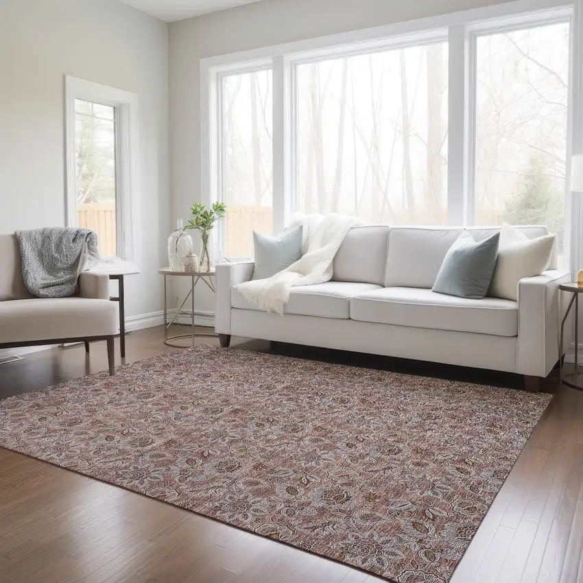 Copper Gray And Silver Floral Washable Indoor Outdoor Area Rug Photo 9