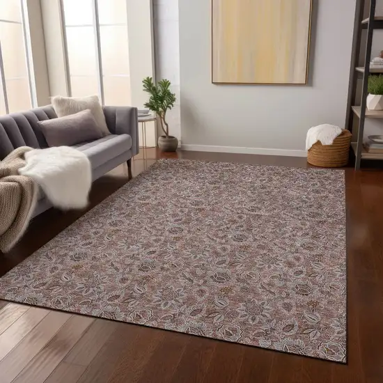 Copper Gray And Silver Floral Washable Indoor Outdoor Area Rug Photo 9