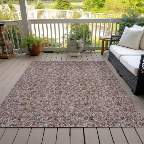 Copper Gray And Silver Floral Washable Indoor Outdoor Area Rug Photo 8