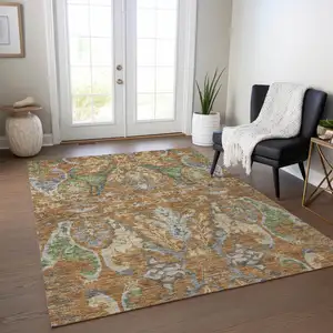 Photo of Copper Green And Beige Floral Washable Indoor Outdoor Area Rug