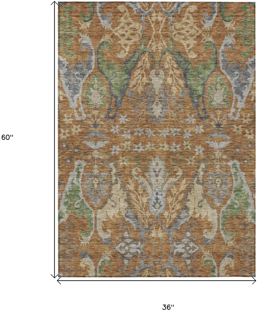 Copper Green And Beige Floral Washable Indoor Outdoor Area Rug Photo 8