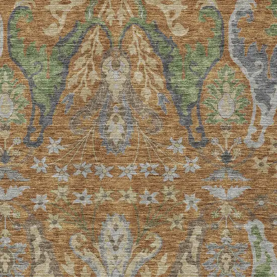 Copper Green And Beige Floral Washable Indoor Outdoor Area Rug Photo 6