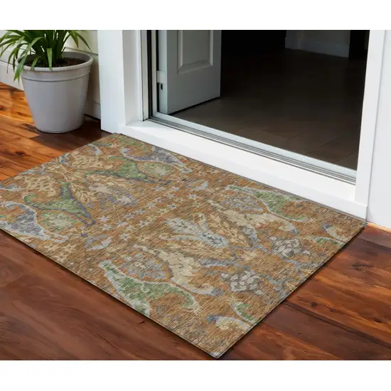 Copper Green And Beige Floral Washable Indoor Outdoor Area Rug Photo 1