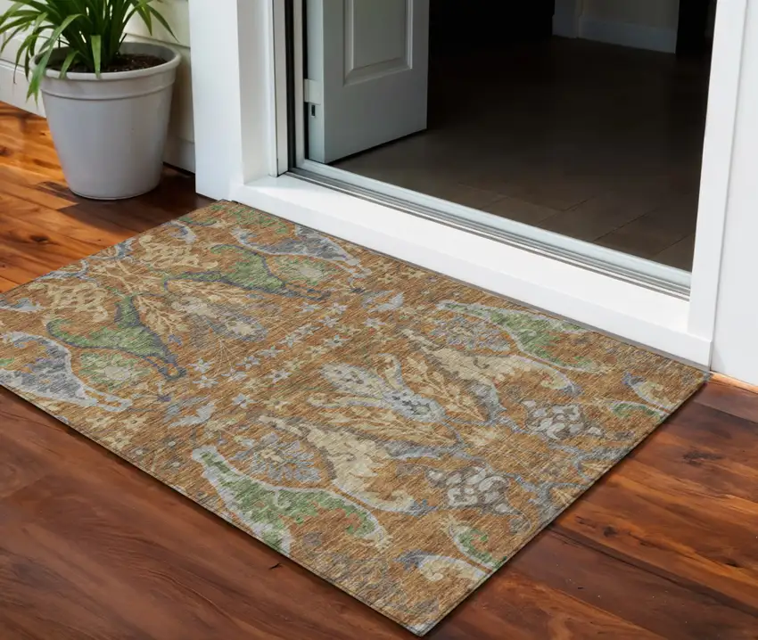 Copper Green And Beige Floral Washable Indoor Outdoor Area Rug Photo 1