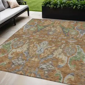 Photo of Copper Green And Beige Floral Washable Indoor Outdoor Area Rug