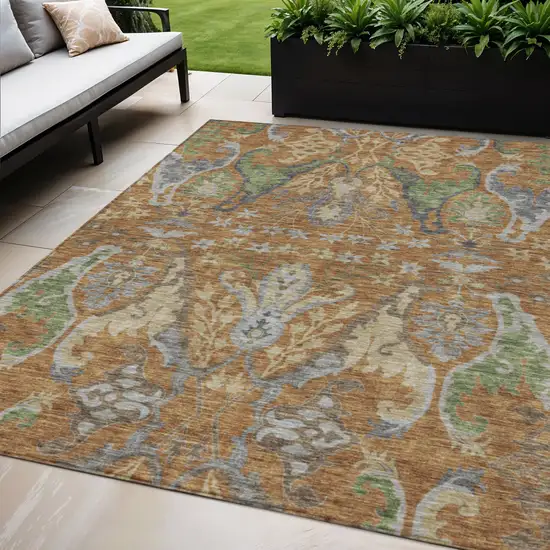 Copper Green And Beige Floral Washable Indoor Outdoor Area Rug Photo 1