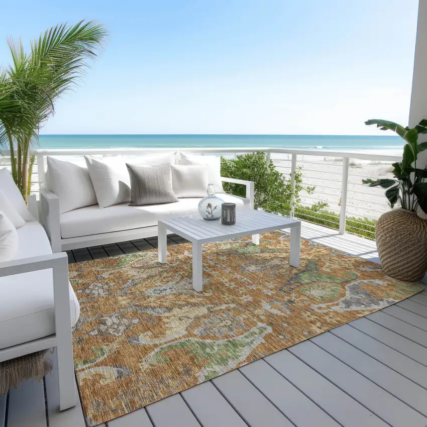 Copper Green And Beige Floral Washable Indoor Outdoor Area Rug Photo 8
