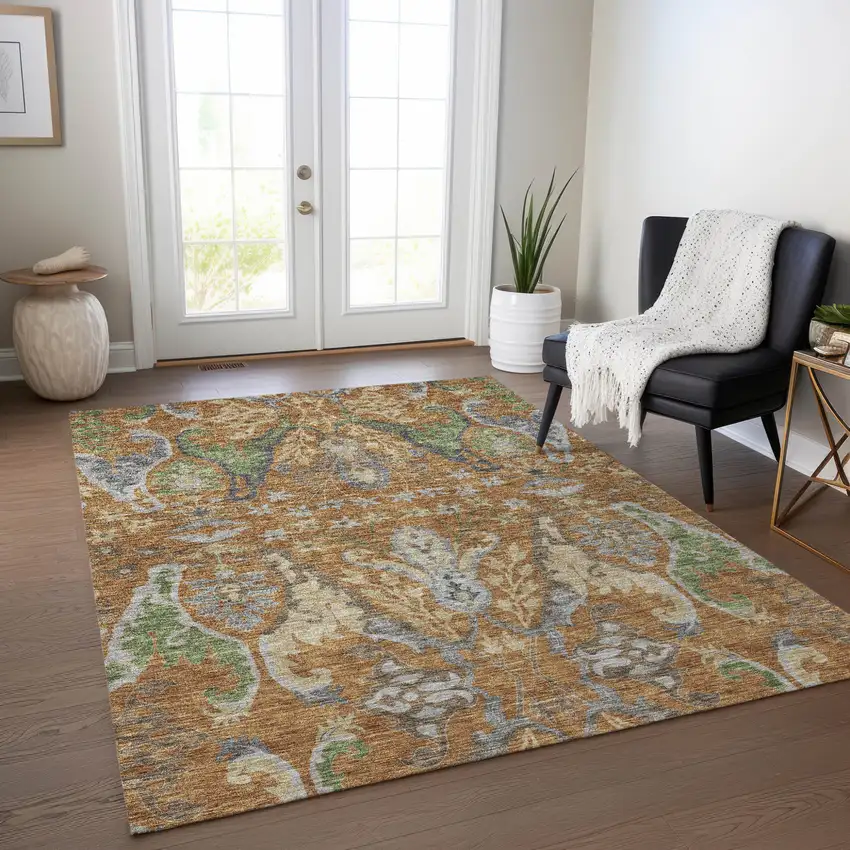 Copper Green And Beige Floral Washable Indoor Outdoor Area Rug Photo 9