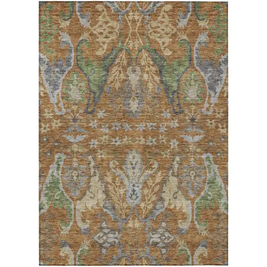 Copper Green And Beige Floral Washable Indoor Outdoor Area Rug Photo 2