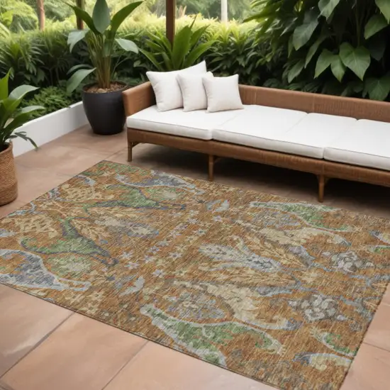 Copper Green And Beige Floral Washable Indoor Outdoor Area Rug Photo 1
