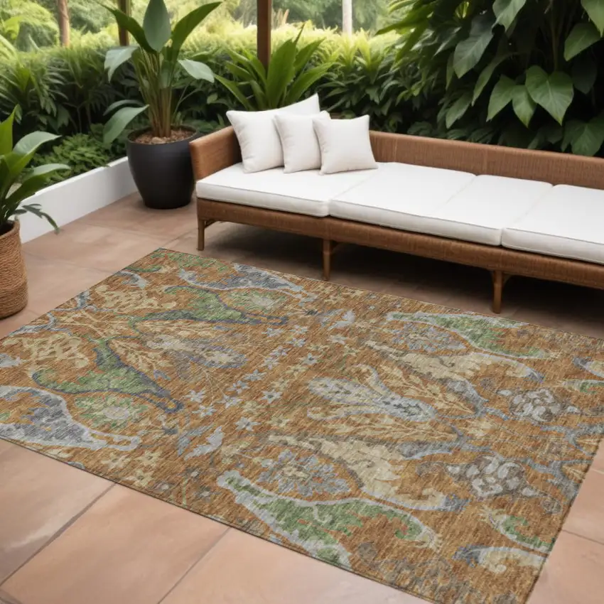 Copper Green And Beige Floral Washable Indoor Outdoor Area Rug Photo 1