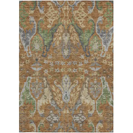 Copper Green And Beige Floral Washable Indoor Outdoor Area Rug Photo 7