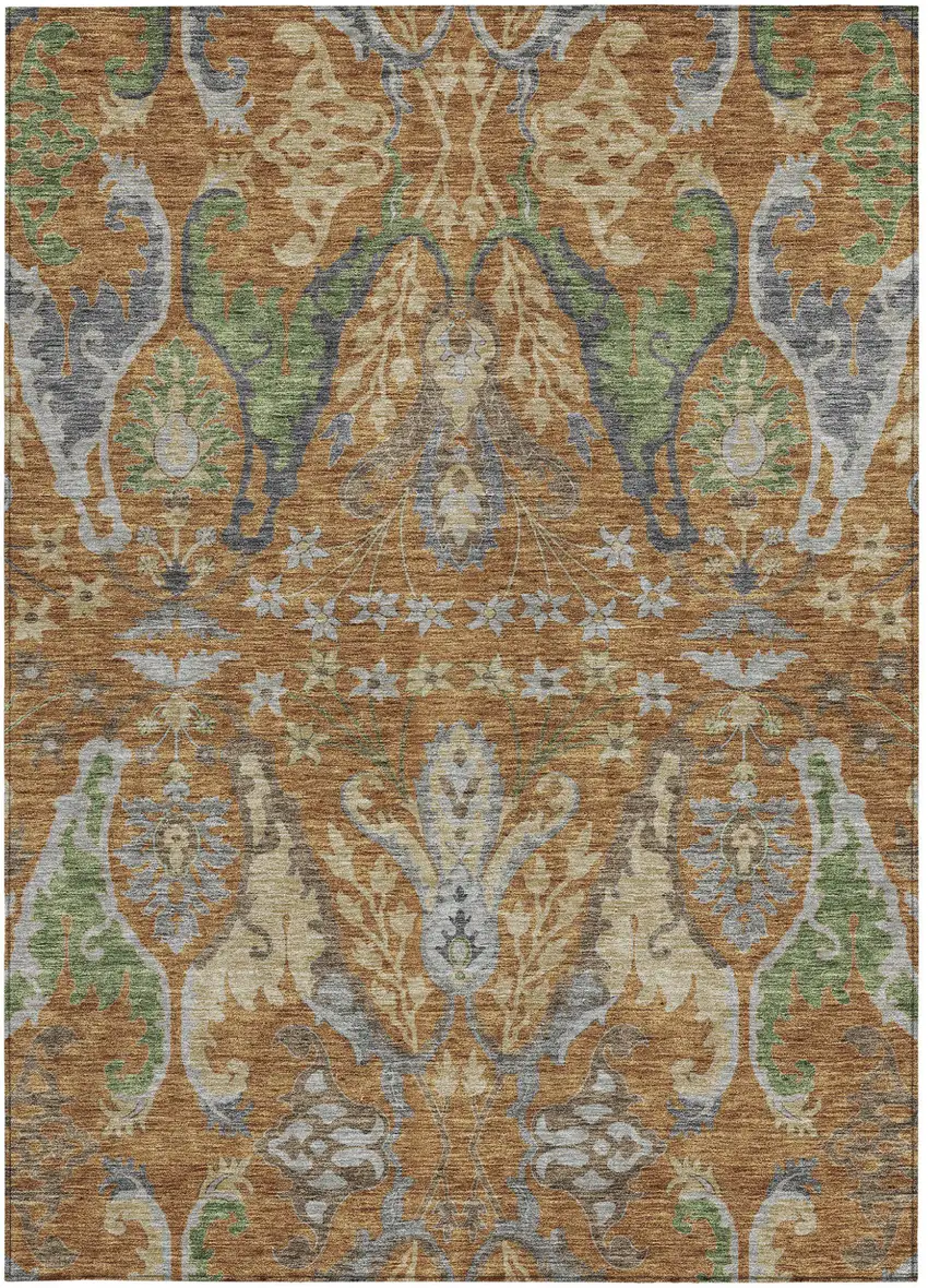 Copper Green And Beige Floral Washable Indoor Outdoor Area Rug Photo 7