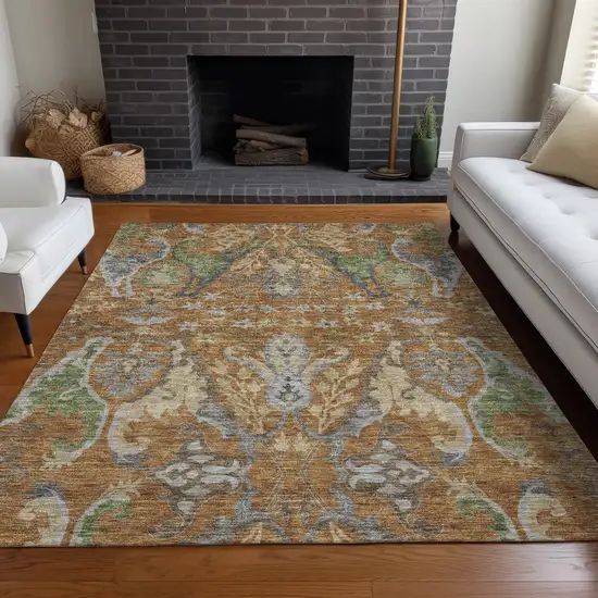 Copper Green And Beige Floral Washable Indoor Outdoor Area Rug Photo 9