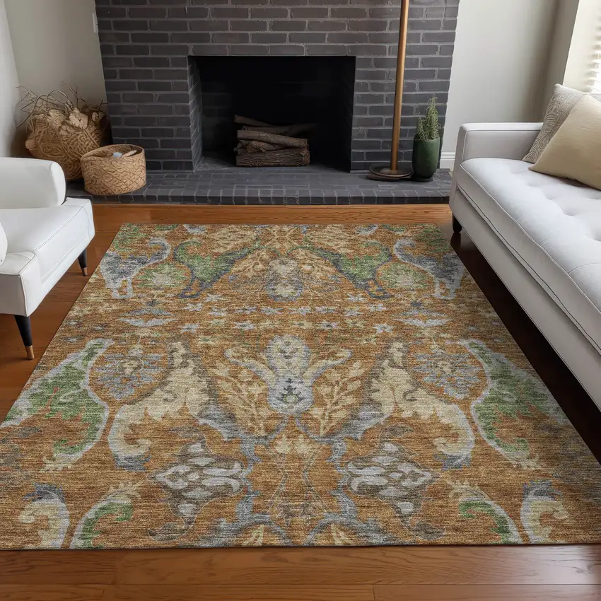 Copper Green And Beige Floral Washable Indoor Outdoor Area Rug Photo 9