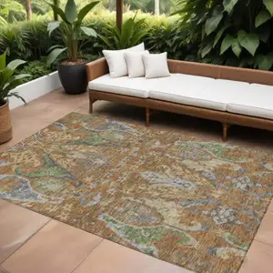 Photo of Copper Green And Beige Floral Washable Indoor Outdoor Area Rug