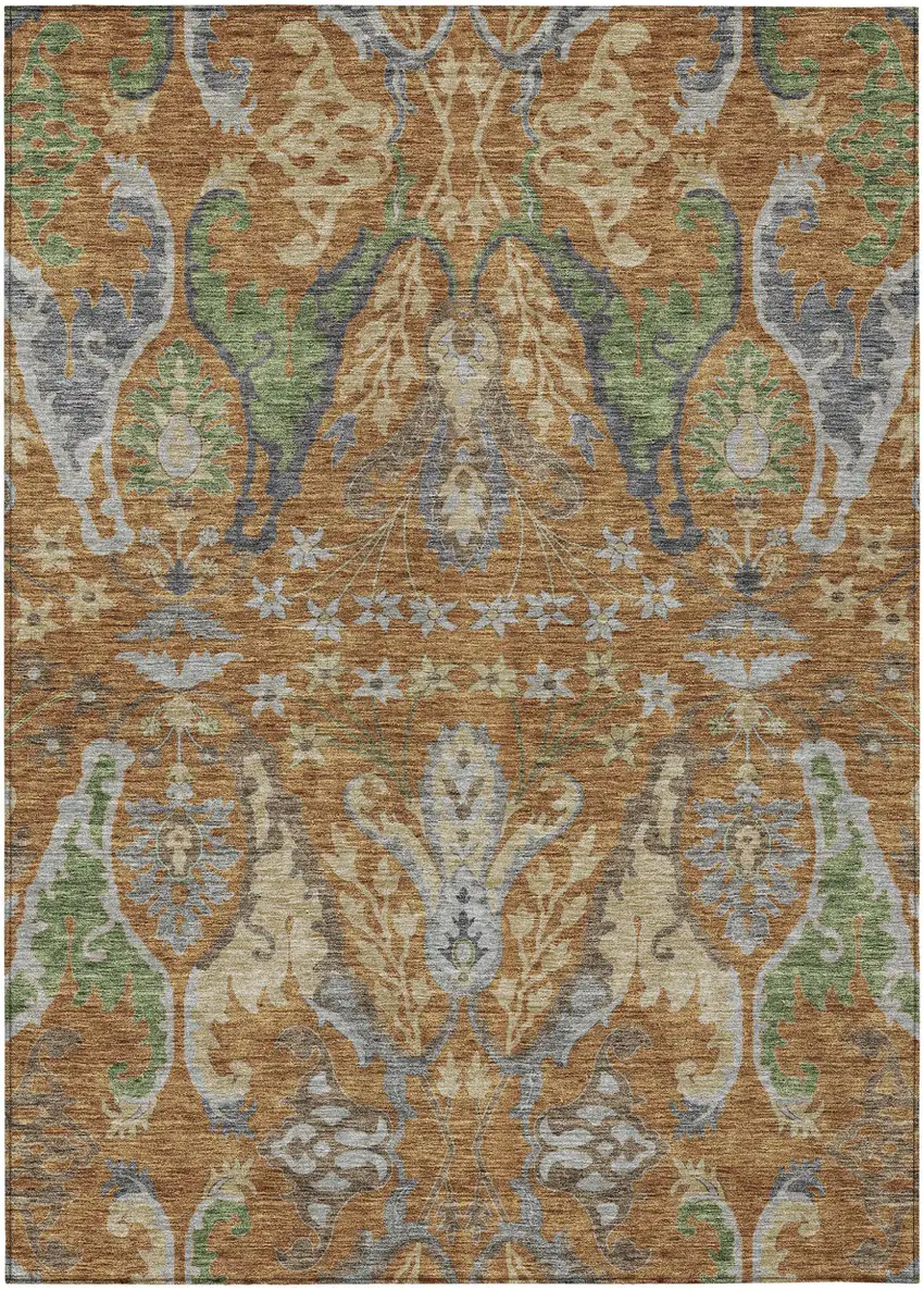 Copper Green And Beige Floral Washable Indoor Outdoor Area Rug Photo 2