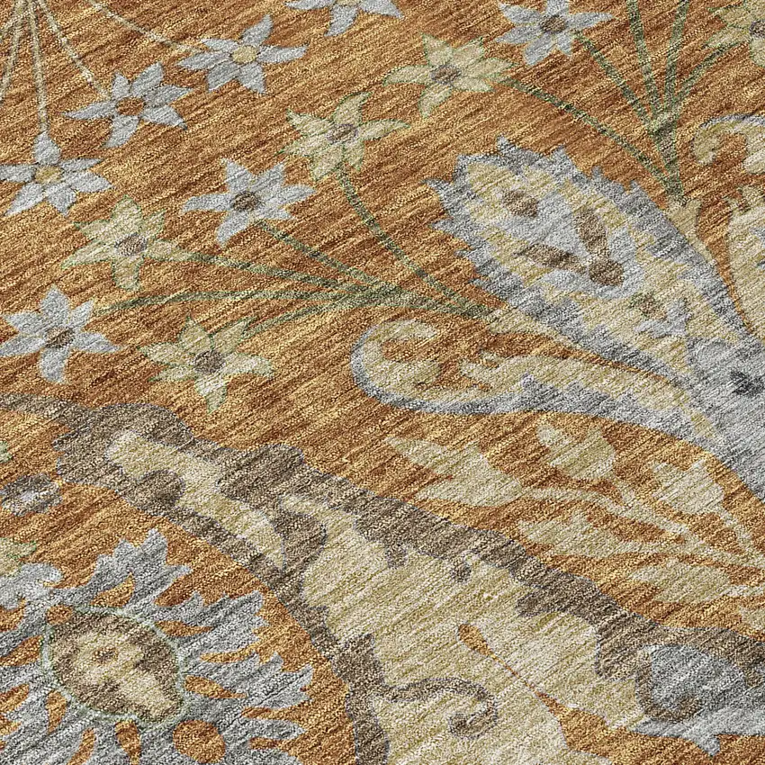 Copper Green And Beige Floral Washable Indoor Outdoor Area Rug Photo 5