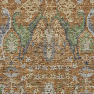 Photo of Copper Green And Beige Floral Washable Indoor Outdoor Area Rug