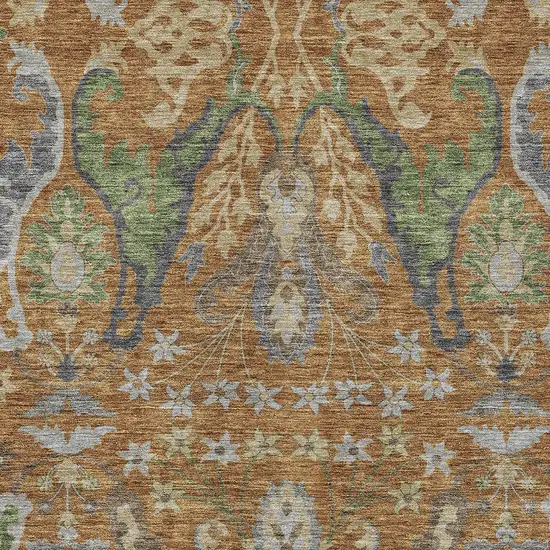 Copper Green And Beige Floral Washable Indoor Outdoor Area Rug Photo 6