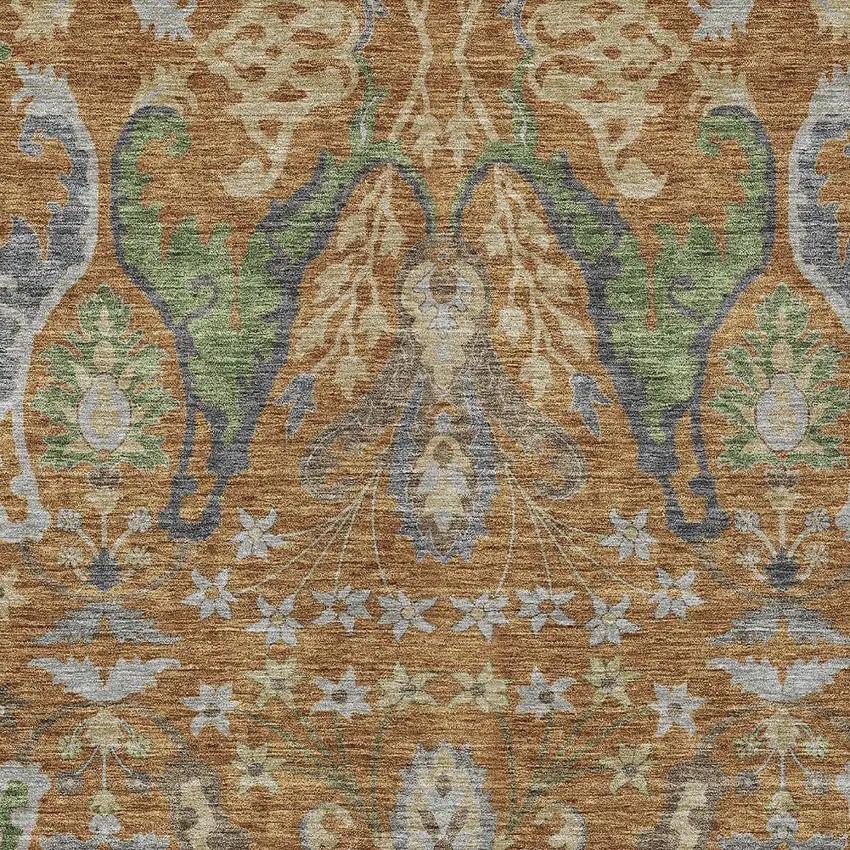 Copper Green And Beige Floral Washable Indoor Outdoor Area Rug Photo 6