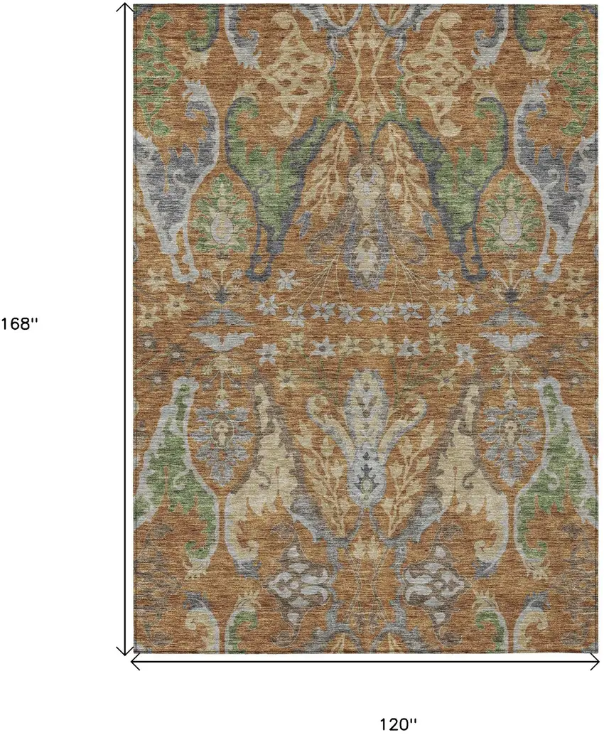 Copper Green And Beige Floral Washable Indoor Outdoor Area Rug Photo 8